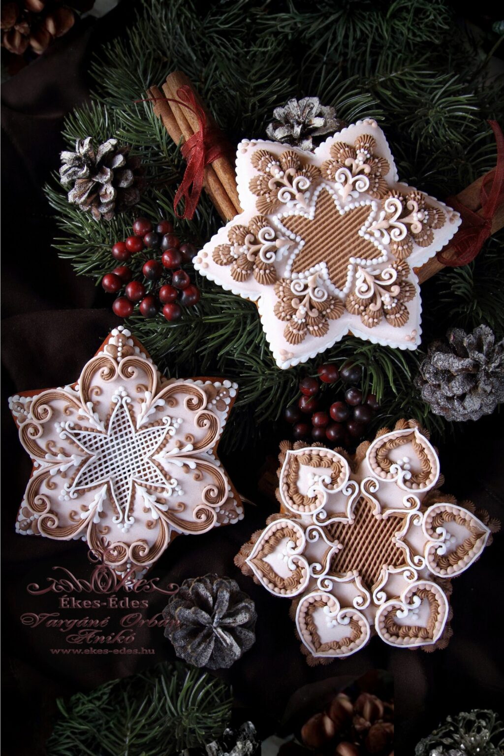 Royal icing technikával díszített cukormázas karácsonyi mézeskalács csillagok, Vargáné Orbán Anikó oktató bemutatómunkája az Ékes-Édes Stúdióban.