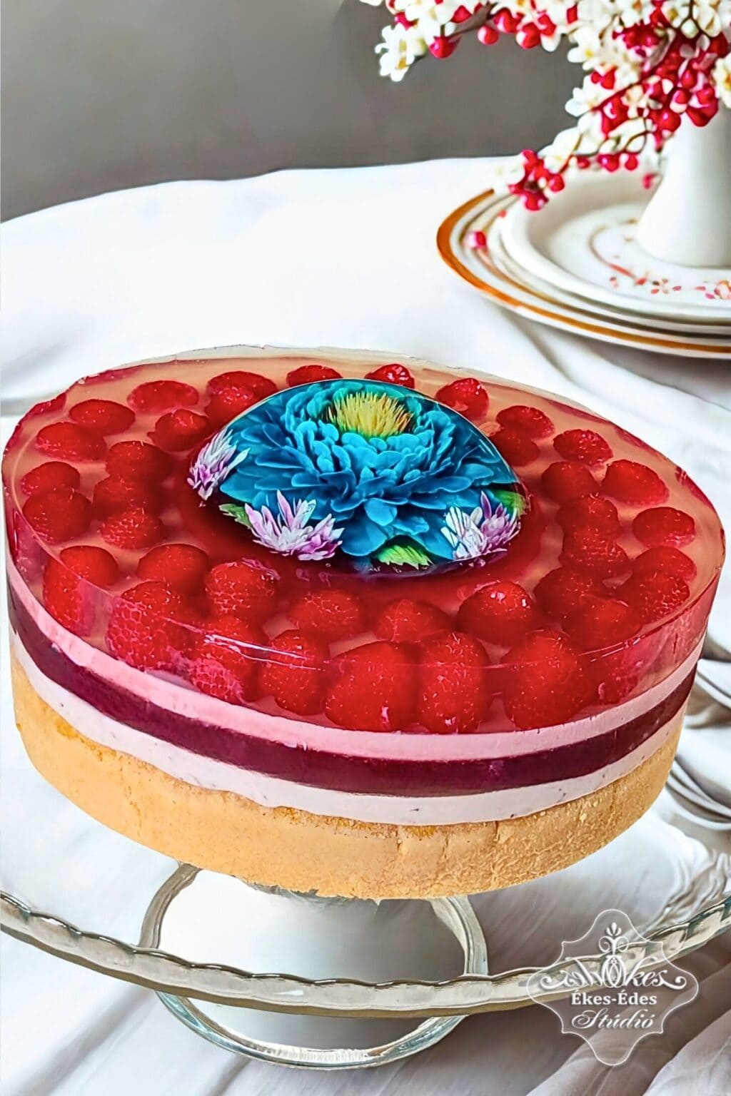 Az oktató, Vargáné Orbán Anikó málnás gyümölcs tortája, mousse krémmel, gyümölcs réteggel, türkiz színű zselé virág dekorációval