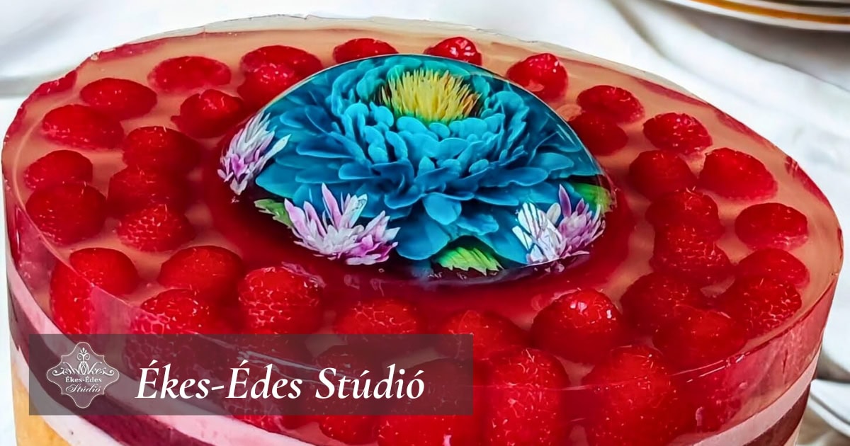 Zselévirágos torta technikával készült desszert málna díszítéssel.