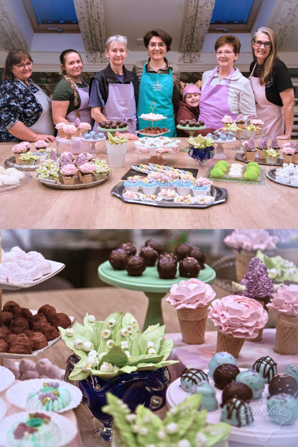 Ékes-Édes Stúdió csoportkép a tanfolyam résztvevőivel és az elkészült termékekről kollázskép a tanfolyam végén.