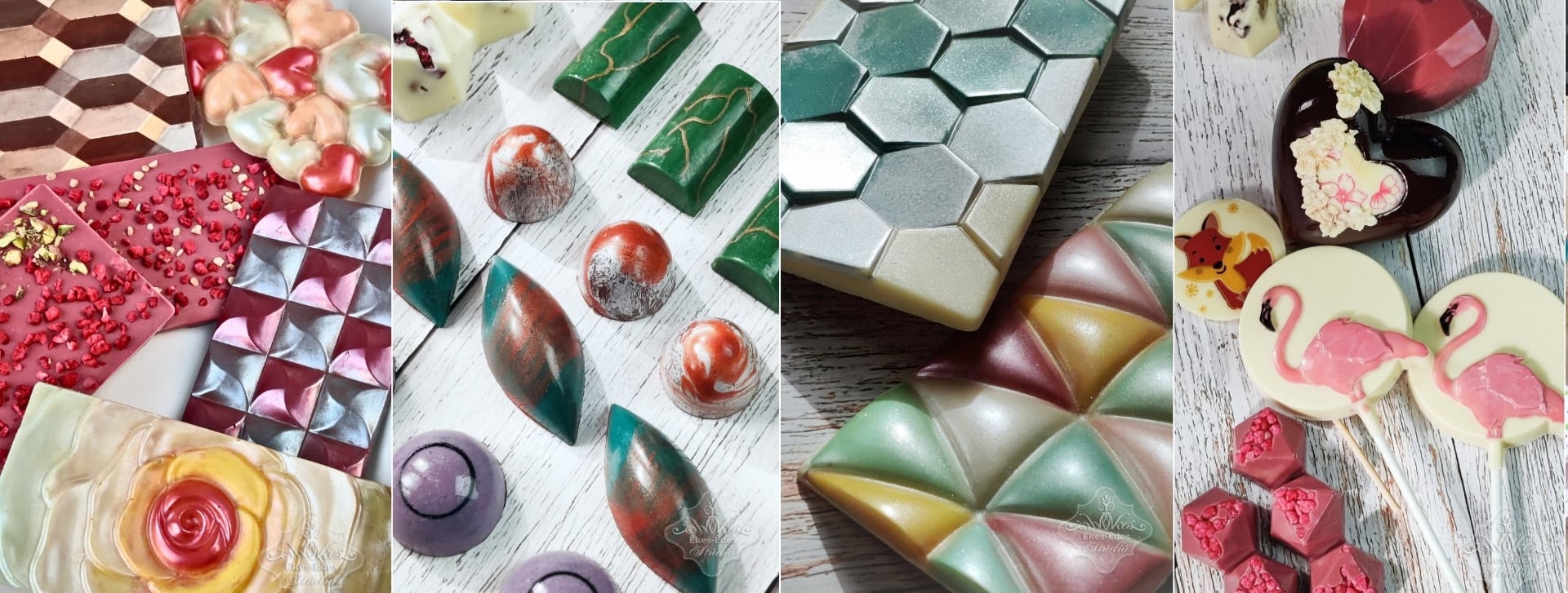 Bonbon, kézműves csokoládé tanfolyamon készült termékek: bonbonok, táblás csokoládék, pálcás csokoládék