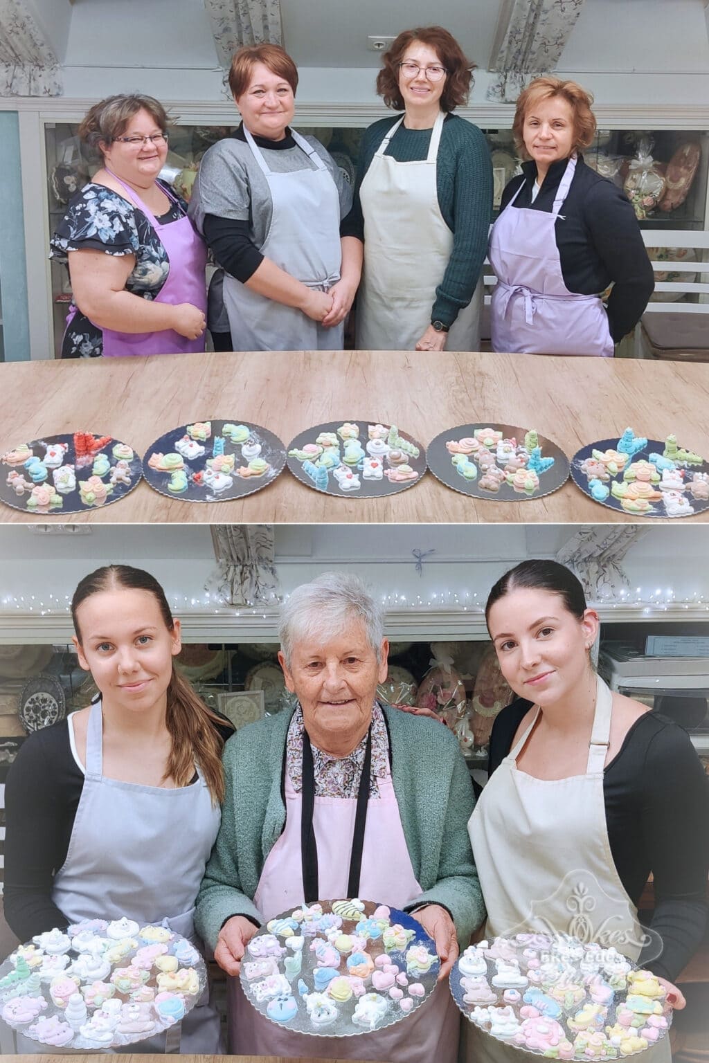 Ékes-Édes Stúdió - Pillecukor figurák tanfolyamán készült csoportképekből készült kollázs egészen fiatal és egészen idős résztvevőkkel.