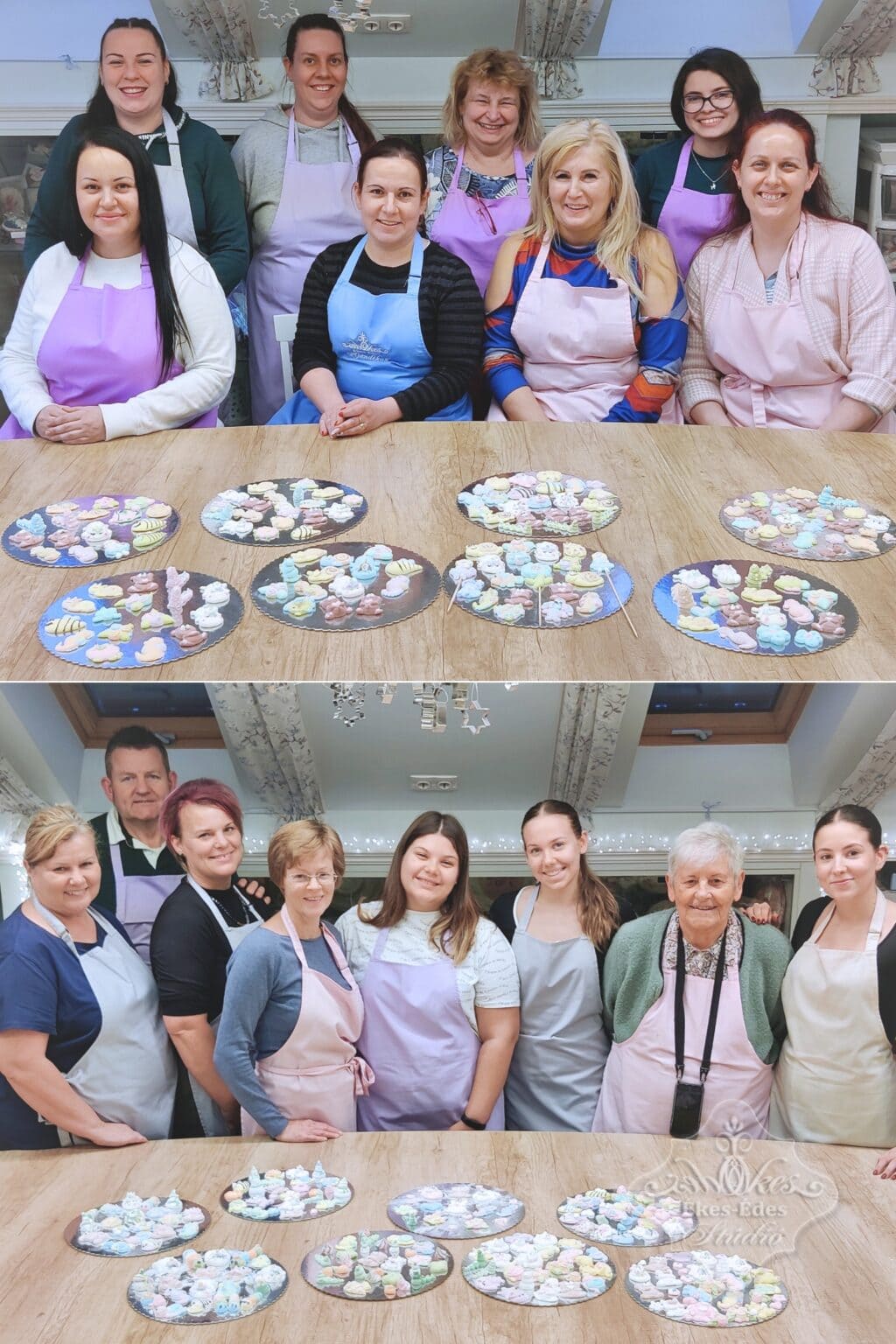 Ékes-Édes Stúdió - Pillecukor figurák tanfolyamán készült csoportképek kollázsa a vidám résztvevőkkel és az elkészült figurákkal.