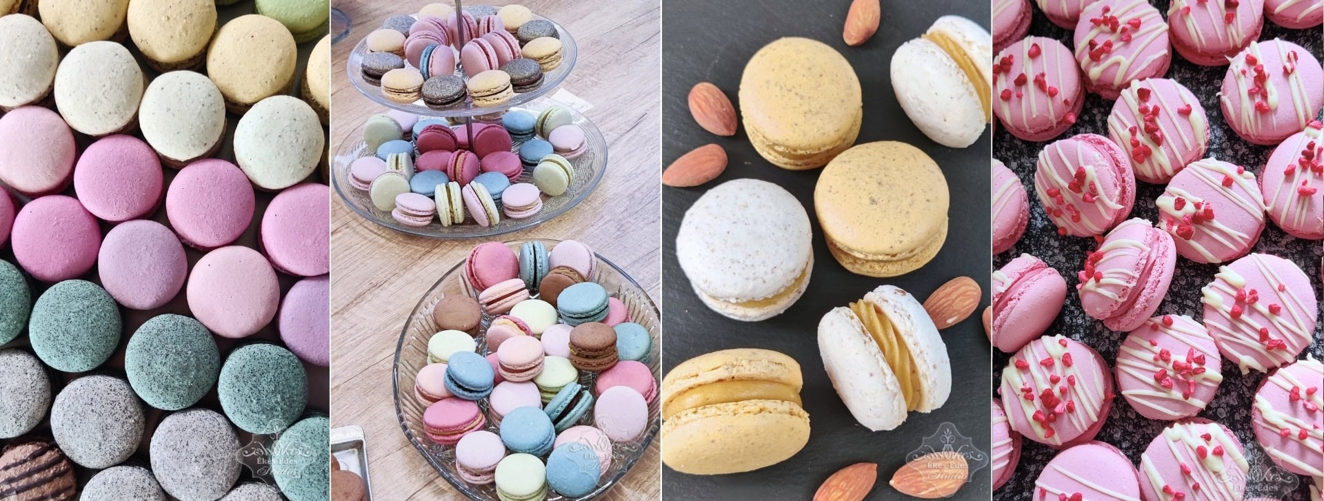 Színes macaronok nagy választékban a kollázs képen: fotózva felülről, közelről, tálalón és díszítve is.