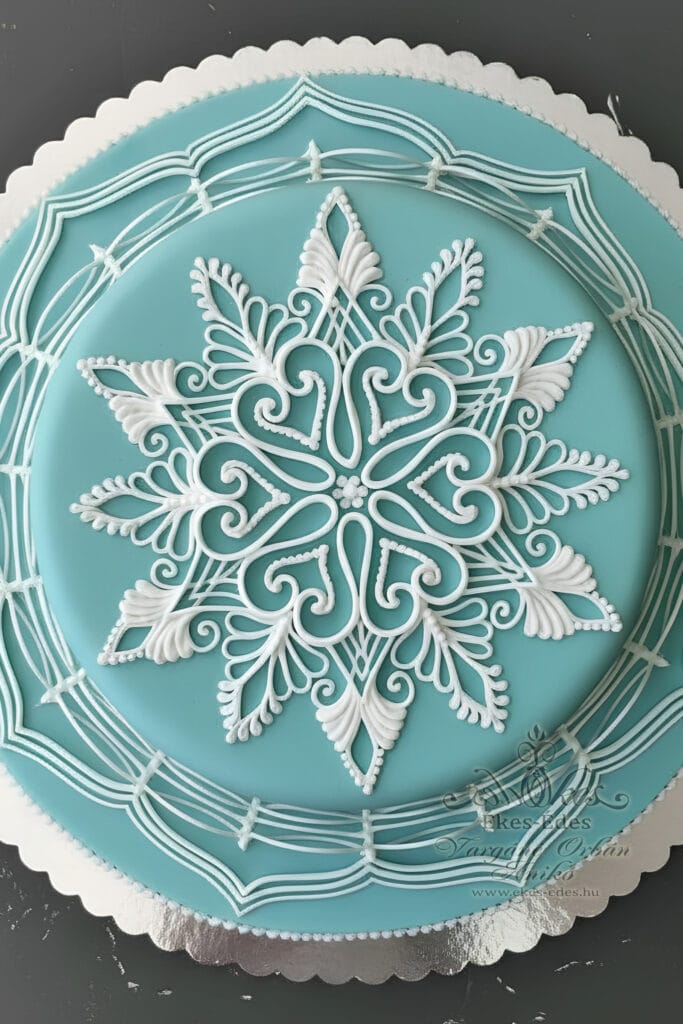 Türkizék torta, hópehely írókázott cukormáz díszítéssel.