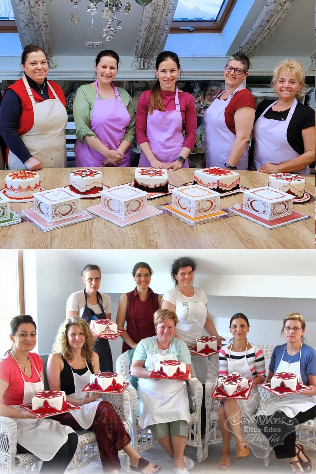 Csoportkép az Ékes-Édes Stúdió oktatói műhelyéből, boldog résztvevők és szépséges cukormázas torták.