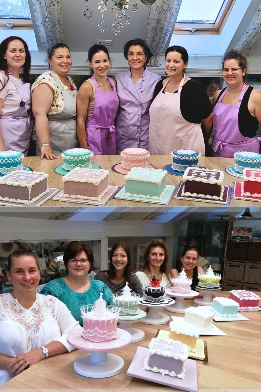 Royal icing overpiping és string work technikákat alkalmazó tanfolyamok végén csoportkép kollázs
