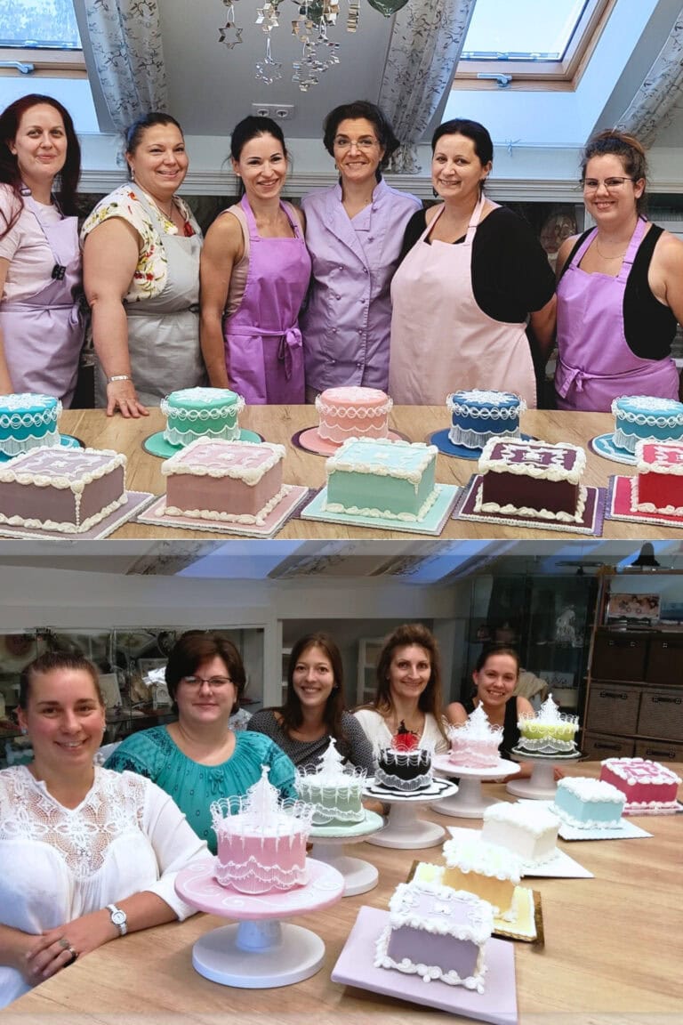 Royal icing overpiping és string work technikákat alkalmazó tanfolyamok végén csoportkép kollázs